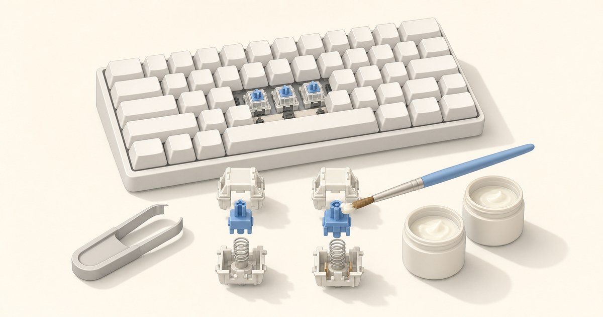 White mechanical keyboard with three keycaps removed beside disassembled blue-stem switches, a switch puller, brush and two open jars of lube.