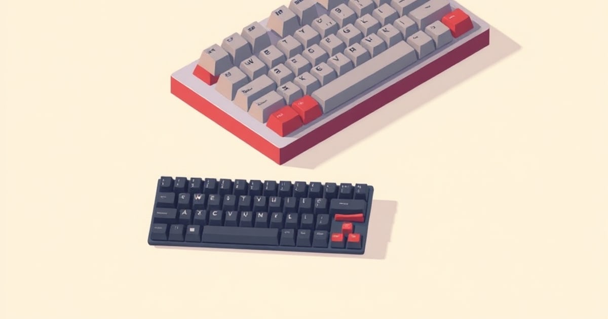 Isometric scene of three keyboard form factors, TKL, 75%, and 60% side by side for comparison