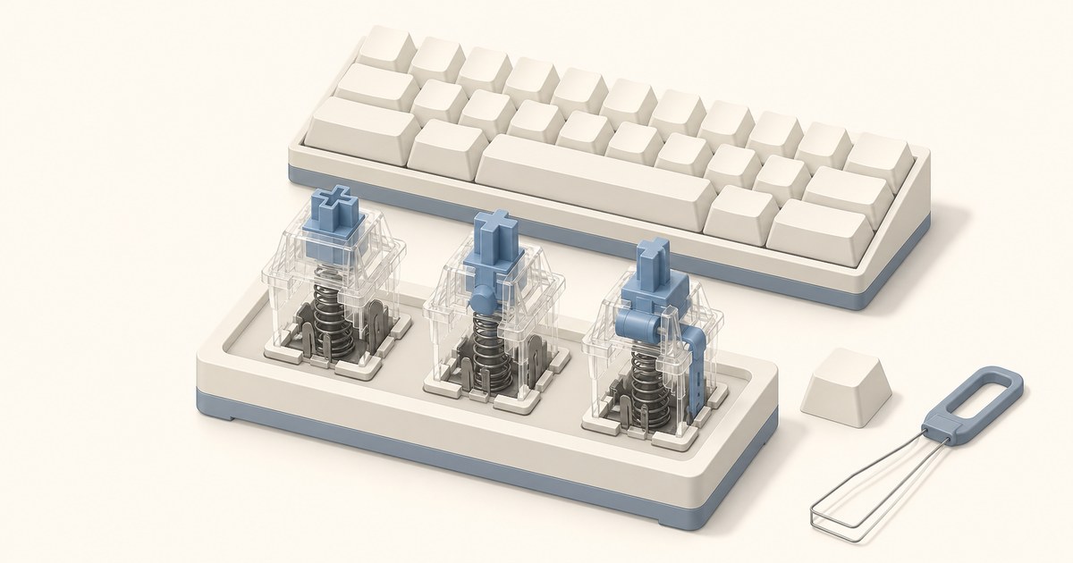 Three transparent mechanical keyboard switches with blue stems and coil springs sit on a tray beside a cream compact keyboard and a wire keycap puller.